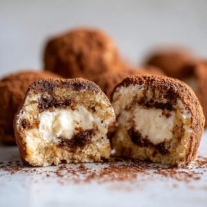 Gros plan sur une Boule de Tiramisu coupée en deux, révélant sa garniture crémeuse et le biscuit saupoudré de cacao.