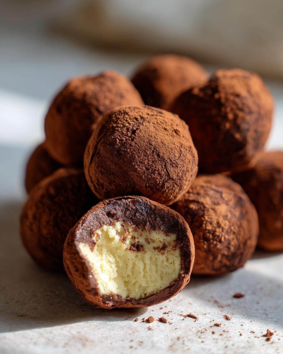 Boules de Tiramisu : 30 min pour un plaisir divin 2 Gros plan sur des boules de Tiramisu enrobées de cacao, dont une est coupée pour révéler sa garniture crémeuse.