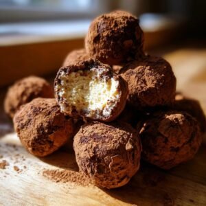 Gros plan sur des boules de Tiramisu enrobées de cacao, une est coupée révélant l'intérieur crémeux.