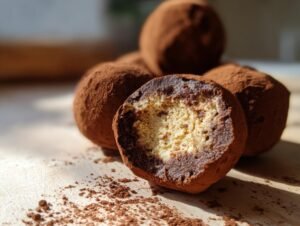 Gros plan sur des boules de tiramisu enrobées de cacao, dont une coupée pour révéler son cœur crémeux et chocolaté.