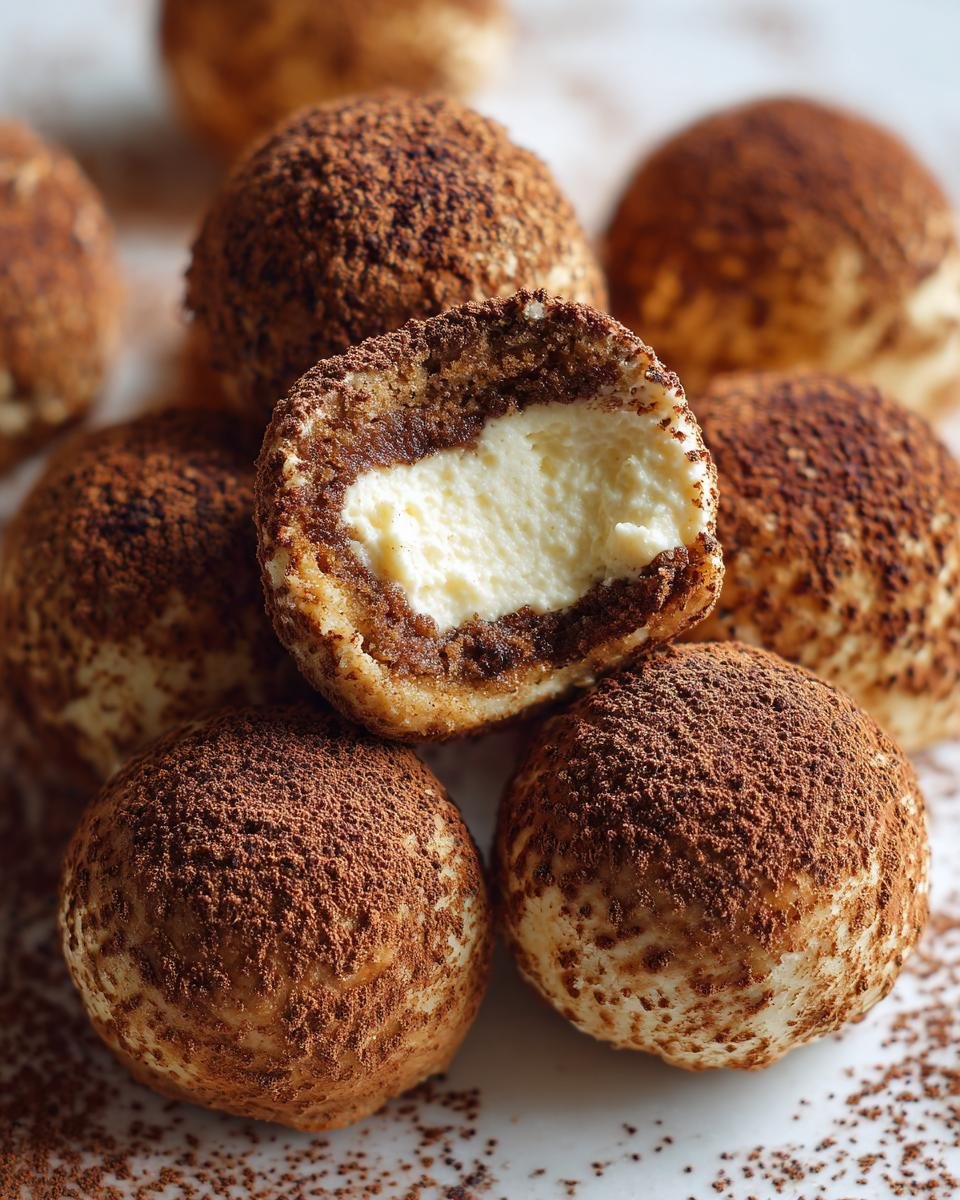Boules de Tiramisu : 1 recette facile et rapide 2 Gros plan sur des boules de tiramisu, une coupée pour révéler son cœur crémeux, saupoudrées de cacao.