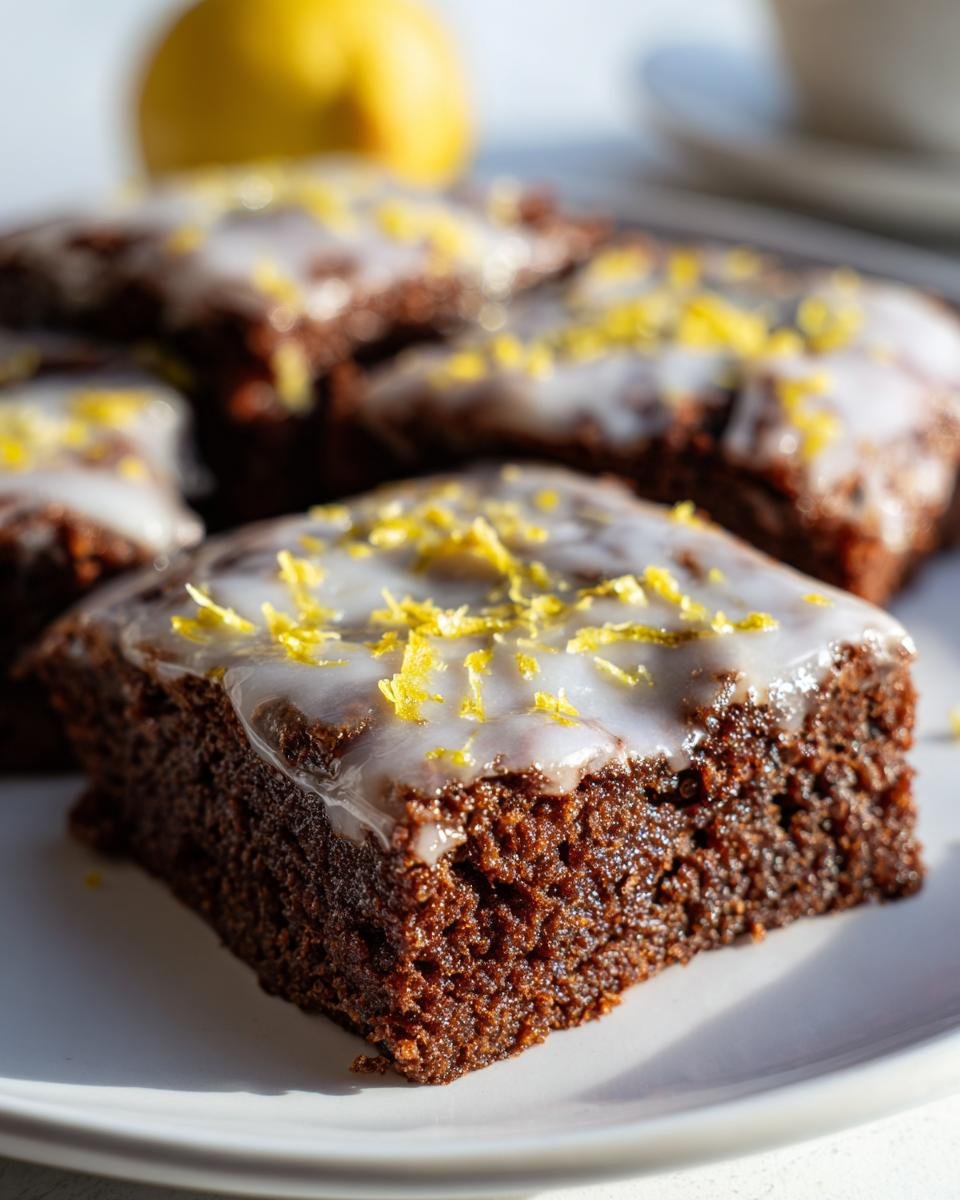 Brownies au Citron: 40 min, délice garanti 4 Gros plan sur un brownie au citron glacé, garni de zeste de citron frais.