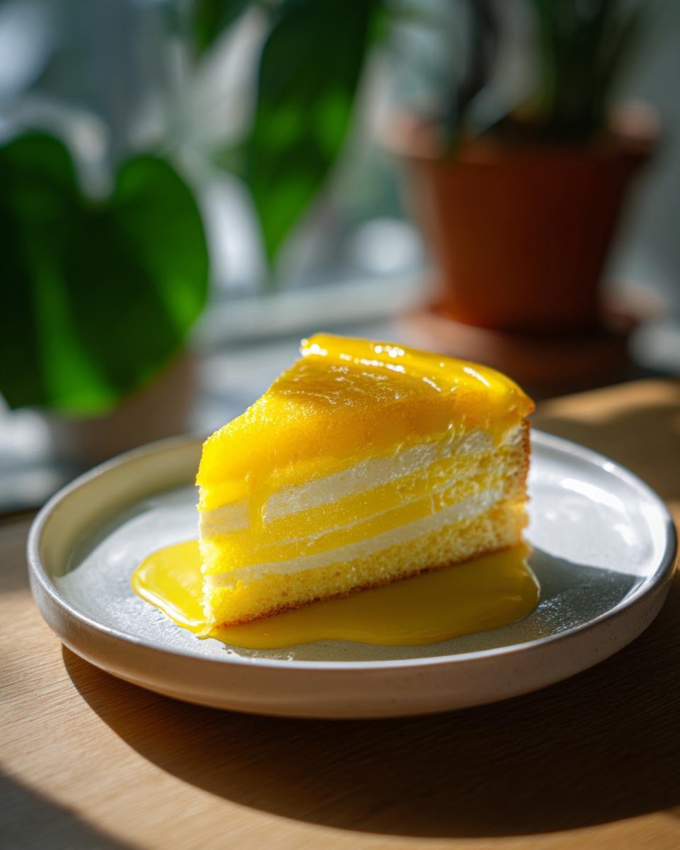 Lemon Brownies Recipe : 9 bouchées incroyables 1 Une part de gâteau aux brownies au citron, avec une garniture jaune vif et une sauce coulante.