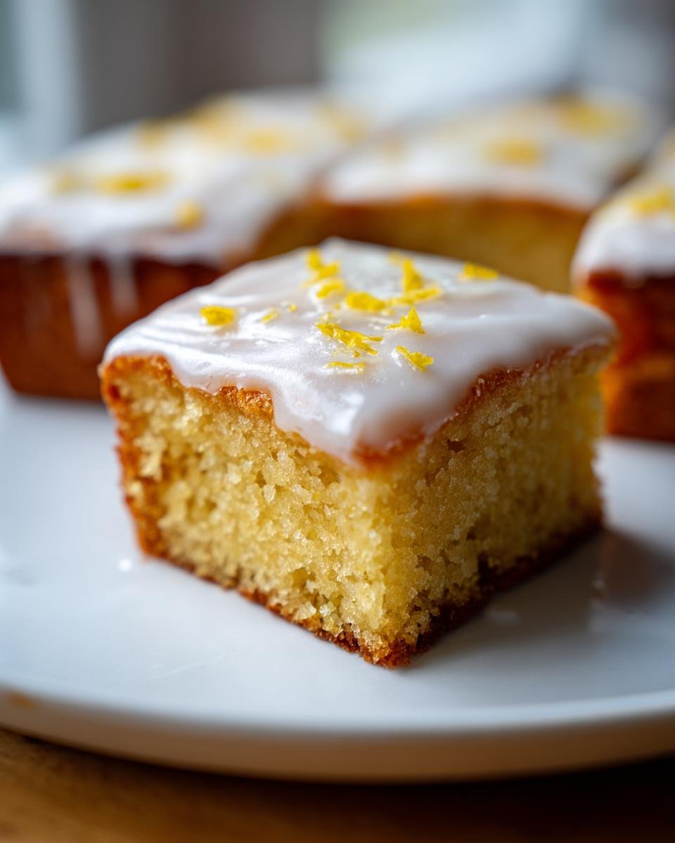 Brownies au Citron: 40 min, délice garanti 3 Gros plan sur une tranche de brownies au citron avec glaçage blanc et zeste de citron.