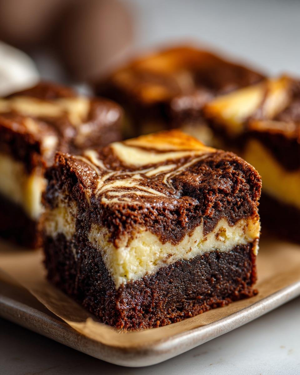 Gros plan sur une tranche de Brownies Cheesecake avec un tourbillon de chocolat et de fromage.