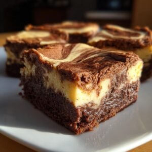 Gros plan sur une tranche de Brownies Cheesecake, avec des tourbillons de chocolat et de fromage crémeux.