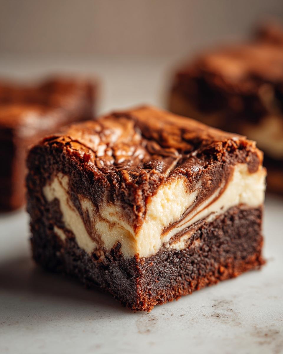 Gros plan d'une tranche de Brownies Cheesecake Recette, avec des tourbillons de chocolat et de fromage crémeux.