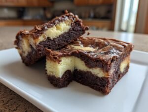 Gros plan de deux parts de brownies cheesecake, montrant la couche de brownie au chocolat et la garniture crémeuse au cheesecake marbré.