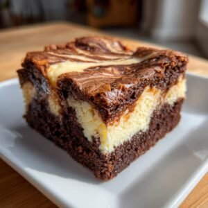 Gros plan d'une tranche de brownies cheesecake maison, avec des tourbillons de chocolat et de fromage à la crème.