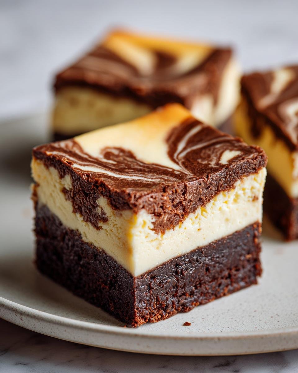 Gros plan d'une tranche de Brownies Cheesecake sur une assiette, avec un marbrage chocolaté et crémeux.