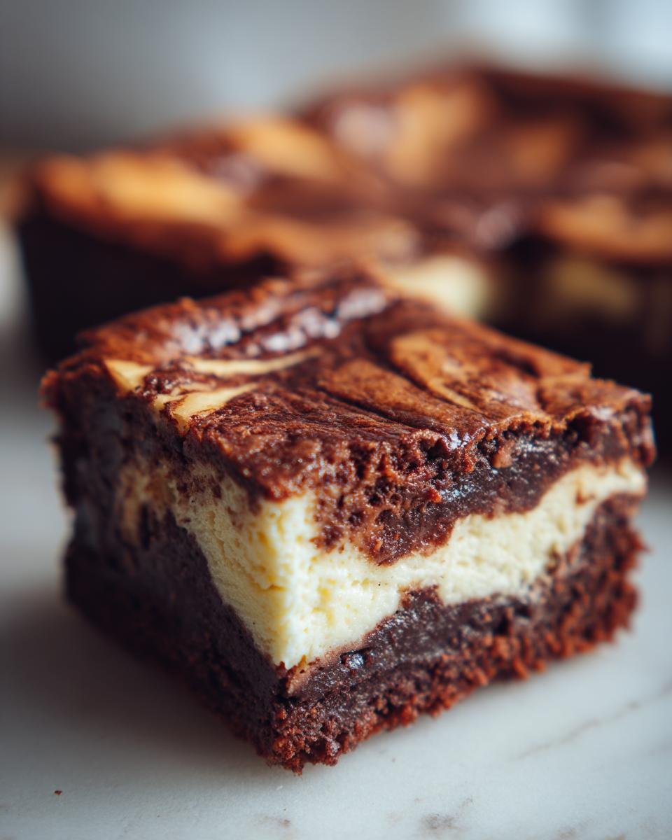 Gros plan d'une tranche de Brownies Cheesecake, montrant les couches de chocolat et de fromage crémeux.