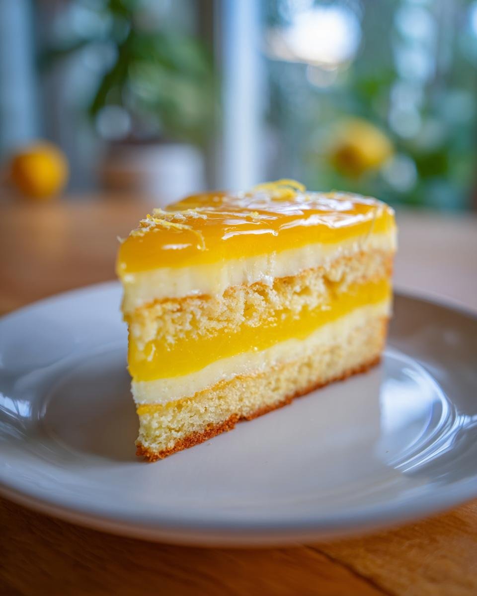 Lemon Brownies Recipe : 9 bouchées incroyables 3 Gros plan d'une tranche de brownies au citron superposés avec une crème et une gelée jaune vif.