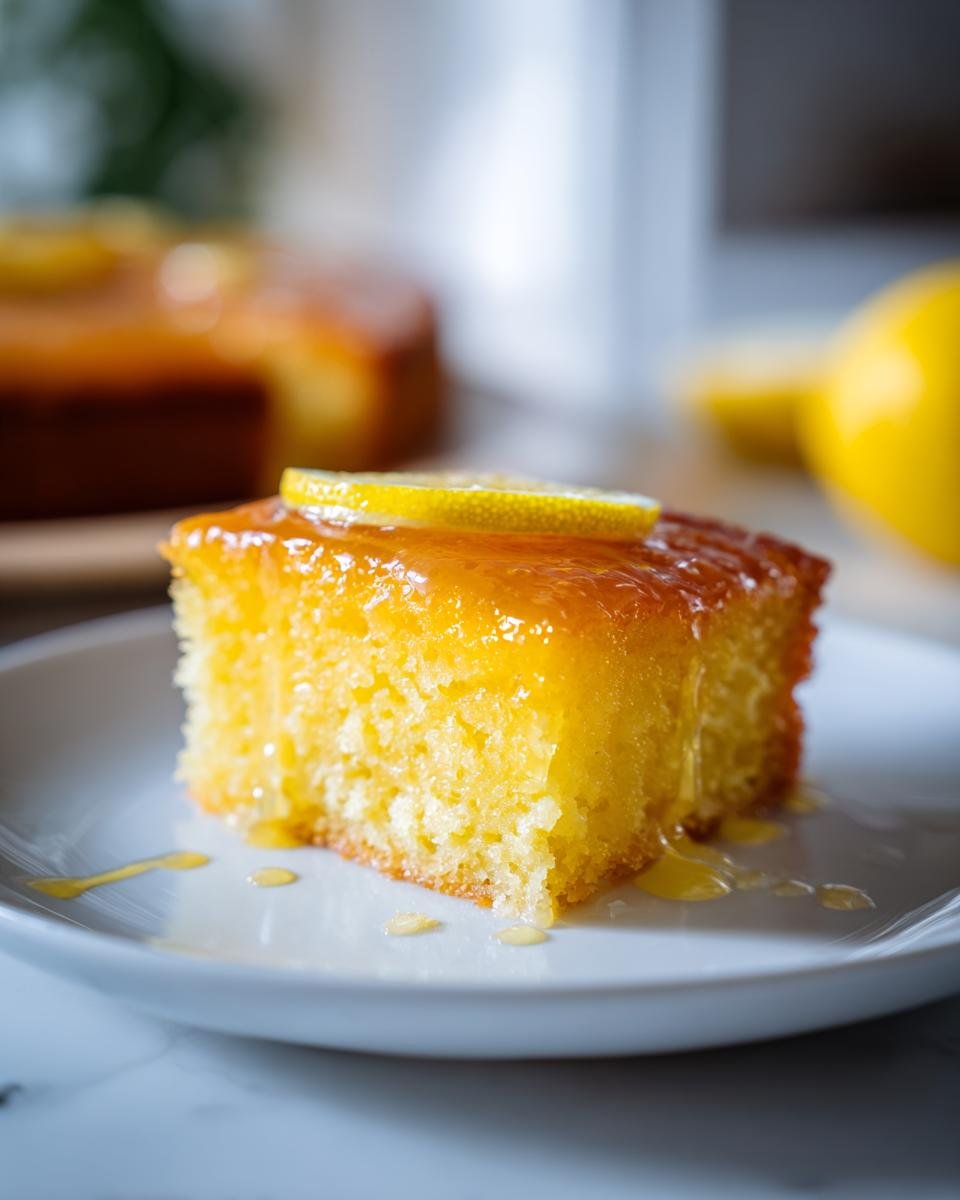 Lemon Brownies Recipe : 9 bouchées incroyables 2 Gros plan d'une tranche de brownies au citron glacée, garnie d'une tranche de citron.