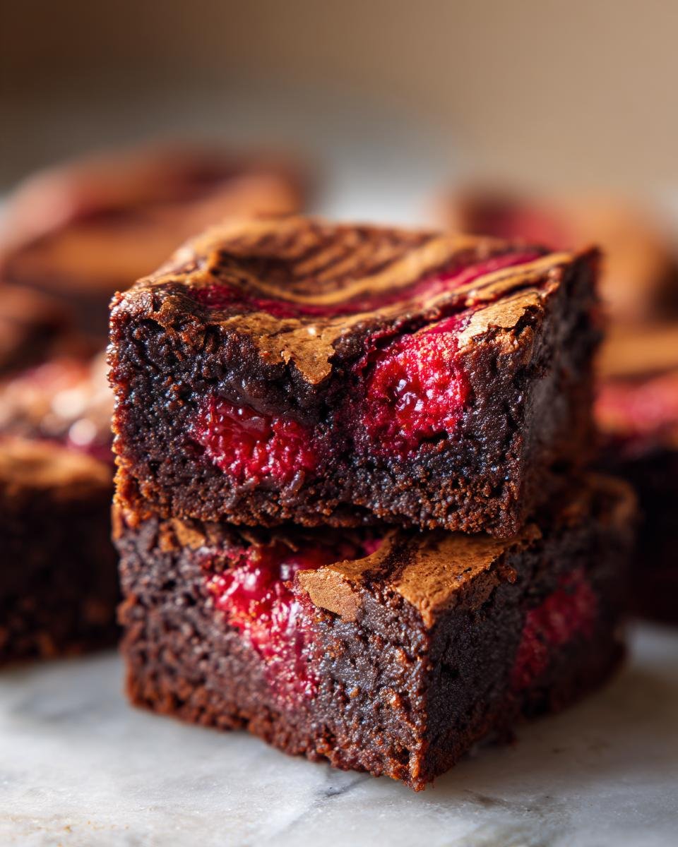 Gros plan sur deux brownies marbrés aux framboises empilés, révélant leur cœur fruité et chocolaté.