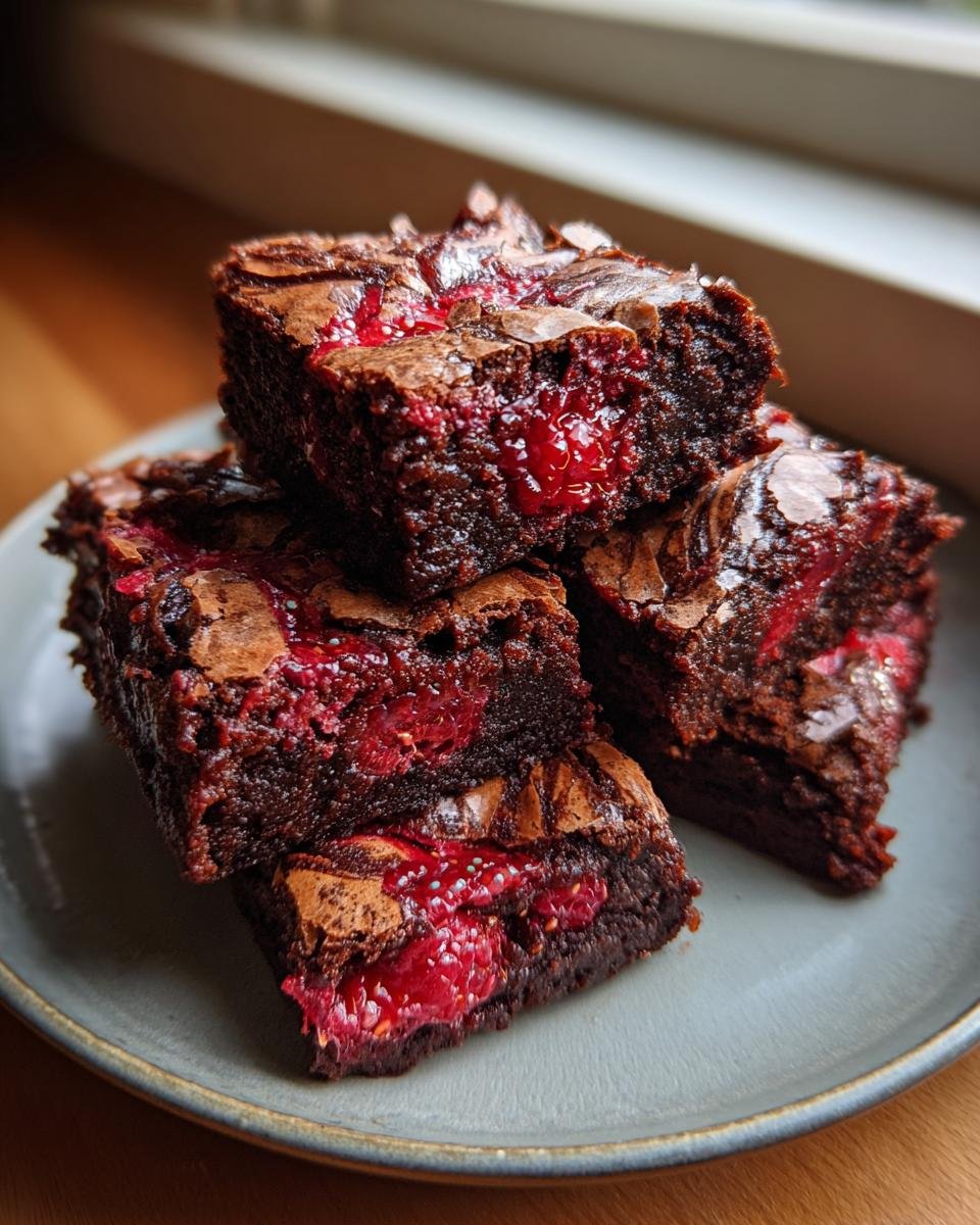 Gros plan sur des brownies marbrés aux framboises, montrant la texture chocolatée et les fruits rouges éclatants.
