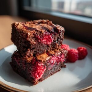Deux brownies marbrés aux framboises empilés sur une assiette, avec des framboises fraîches à côté.