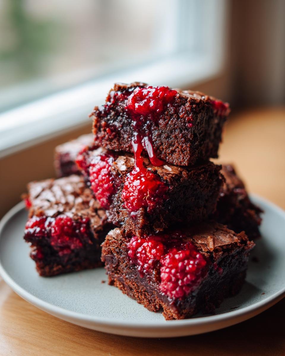 Gros plan sur des brownies marbrés aux framboises empilés, nappés de coulis de framboise.