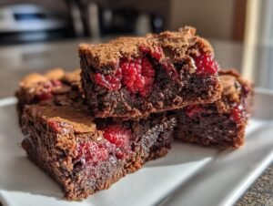 Gros plan de brownies marbrés aux framboises, montrant les morceaux de chocolat et les fruits rouges éclatants.