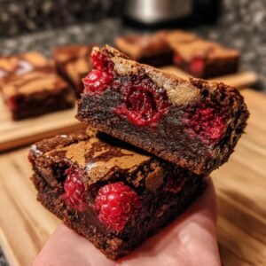 Gros plan sur des brownies marbrés aux framboises, avec des framboises fraîches visibles à l'intérieur.