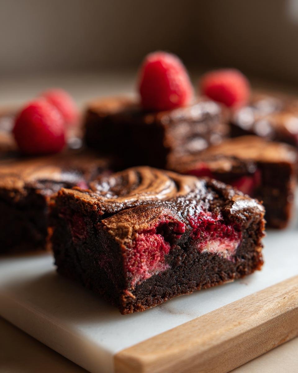 Gros plan sur un brownie marbré aux framboises, avec des framboises fraîches visibles à l'intérieur.