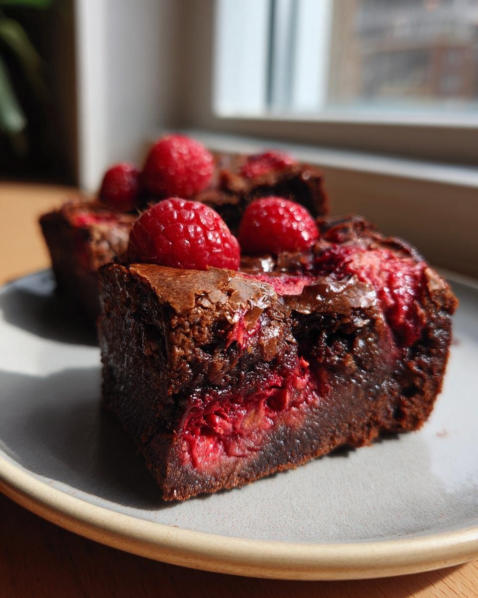 Gros plan sur une tranche de brownies marbrés aux framboises, garnie de framboises fraîches.