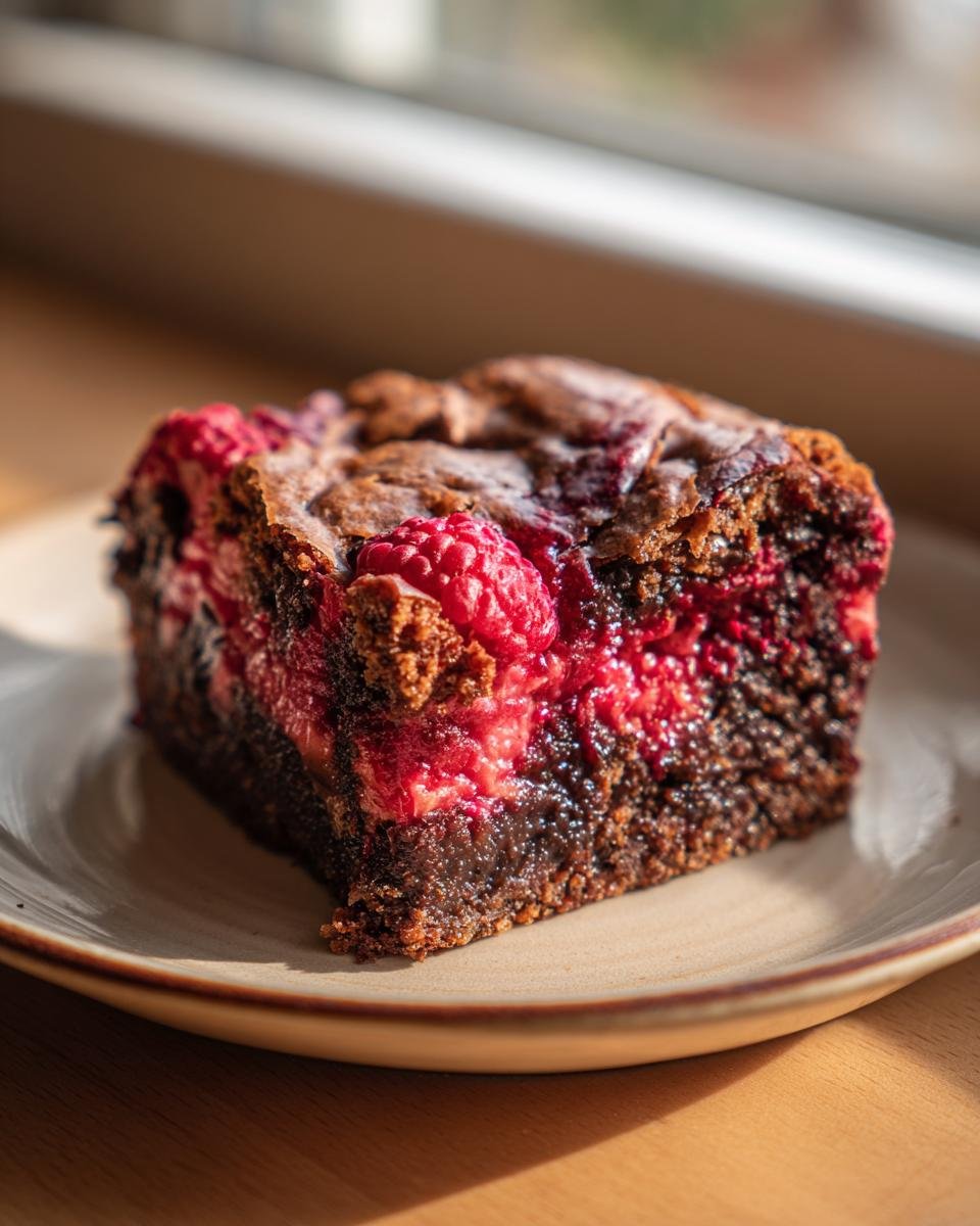 Gros plan d'une part de brownies marbrés aux framboises sur une assiette, avec des framboises fraîches incrustées.