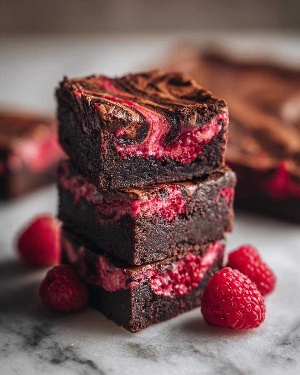 Gros plan de brownies marbrés aux framboises empilés, avec des framboises fraîches sur le côté.