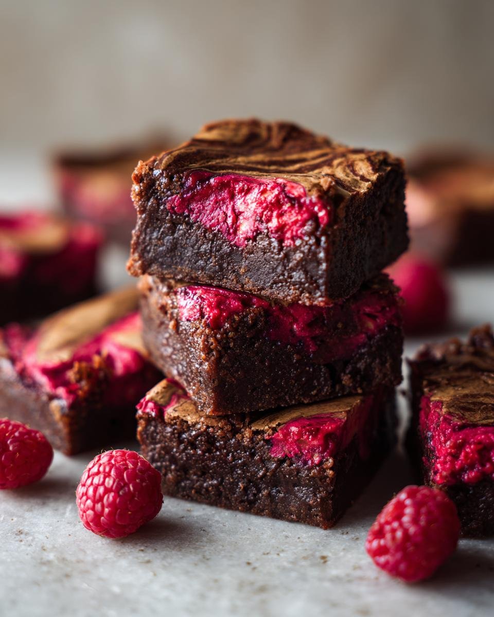 Gros plan sur une pile de brownies marbrés aux framboises, avec des framboises fraîches sur le côté.