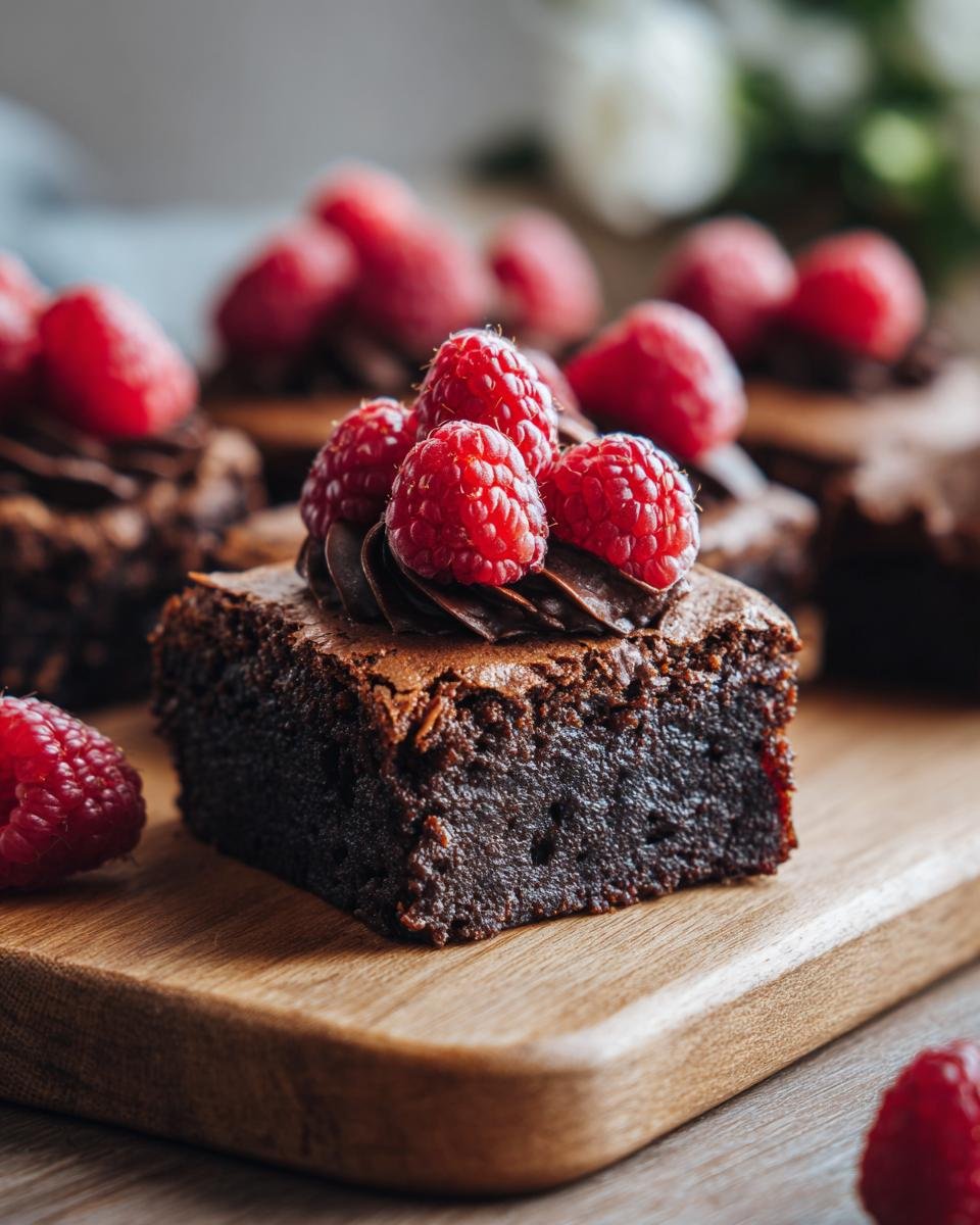 Gros plan sur un brownie mousse chocolat garni de glaçage au chocolat et de framboises fraîches.