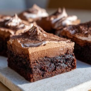 Gros plan sur un brownie mousse chocolat avec une garniture aérienne et saupoudré de cacao.
