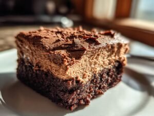 Gros plan d'une part de brownies mousse chocolat sur une assiette blanche, garnie de copeaux de chocolat.