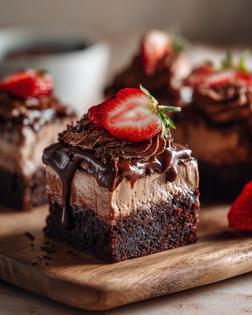 Gros plan sur une part de Brownies Mousse Chocolat, garnie de fraises et de copeaux de chocolat.