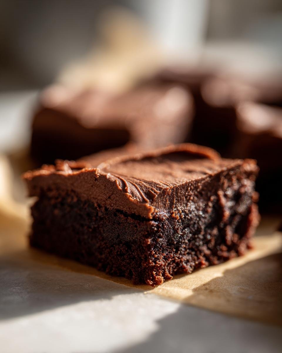 Gros plan d'une part de Brownies Mousse Chocolat avec un glaçage onctueux.