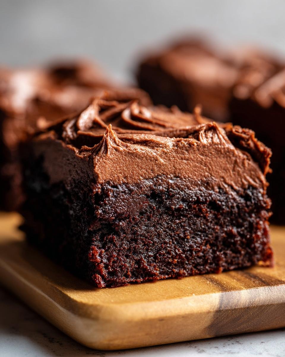 Gros plan d'une tranche de brownies à la mousse au chocolat sur une planche en bois.