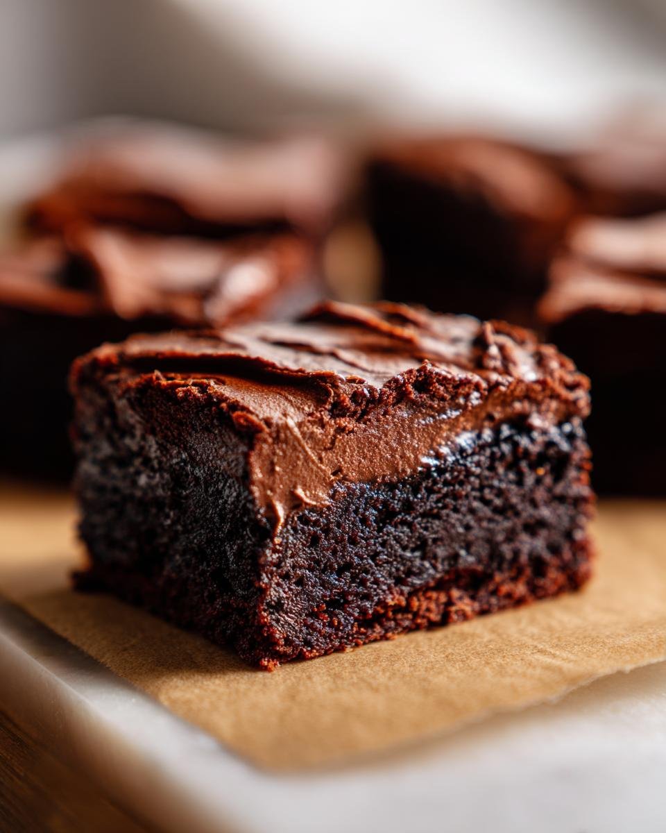 Gros plan d'un brownie à la mousse au chocolat, avec une texture riche et une garniture onctueuse.