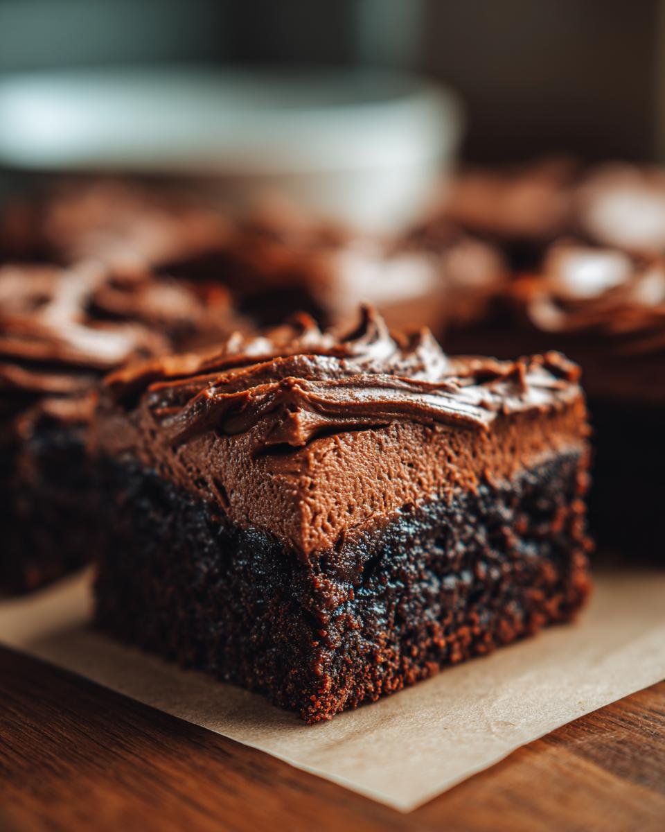 Gros plan sur une tranche de Brownies à la Mousse au Chocolat, avec un glaçage onctueux.