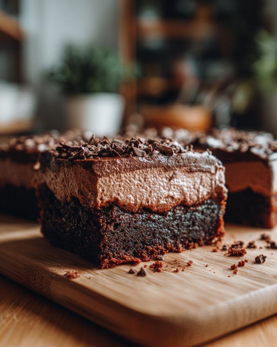 Gros plan sur une tranche de Brownies Mousse Chocolat, avec une base de brownie dense et une couche aérienne de mousse au chocolat, saupoudrée de copeaux de chocolat.