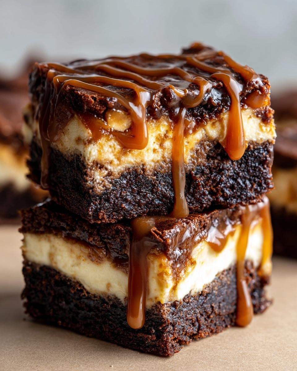 Deux parts de Cheesecake Brownie au Caramel empilées, généreusement arrosées de sauce caramel coulante.