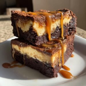 Deux parts de Cheesecake Brownie au Caramel empilées, nappées de sauce caramel coulante.