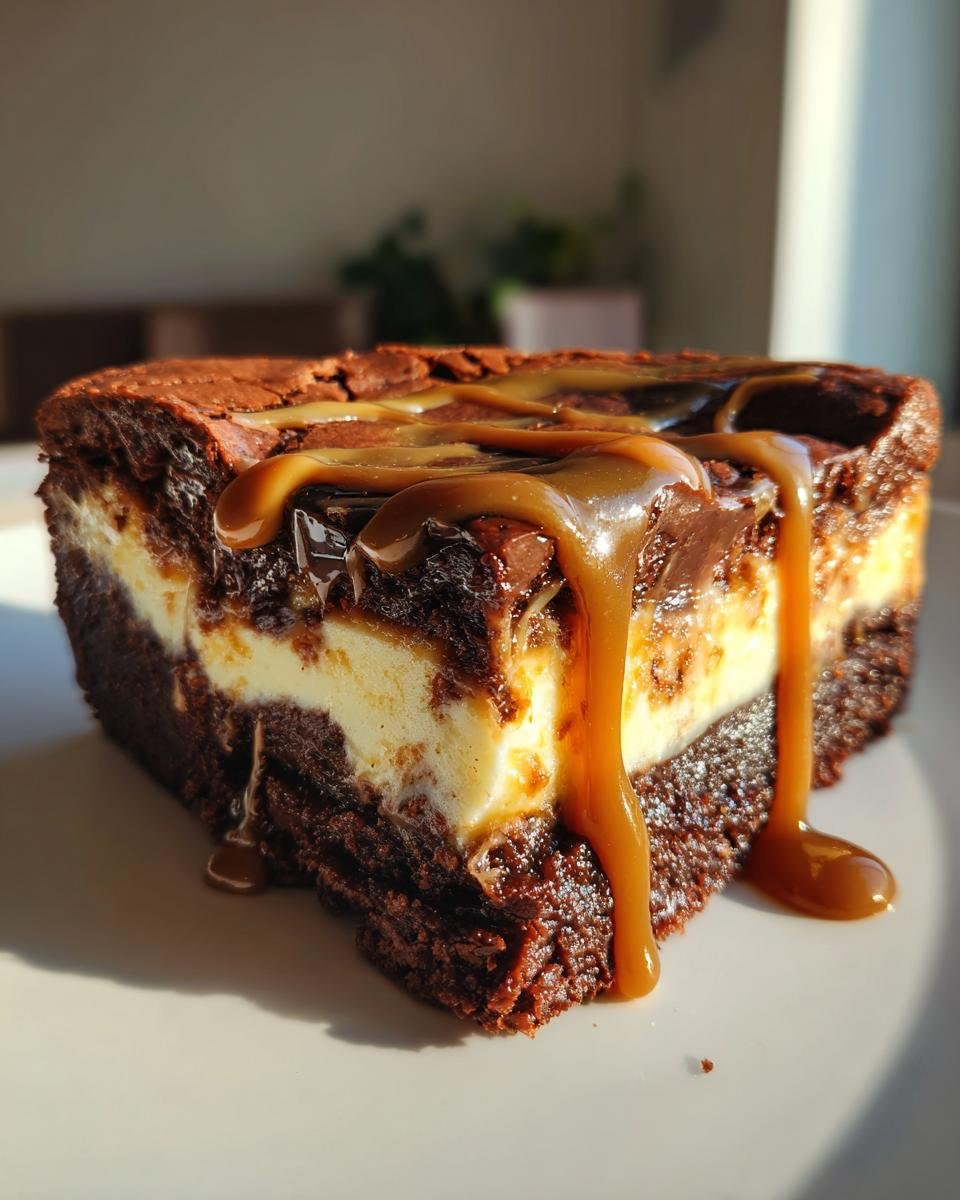 Gros plan d'une tranche de Cheesecake Brownie au Caramel, avec une sauce au caramel coulante.