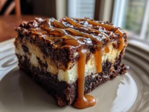 Gros plan d'une tranche de Cheesecake Brownie au Caramel, avec du caramel coulant sur le dessus.