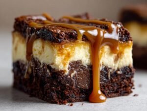 Gros plan d'une tranche de Cheesecake Brownie au Caramel, avec un coulis de caramel dégoulinant.