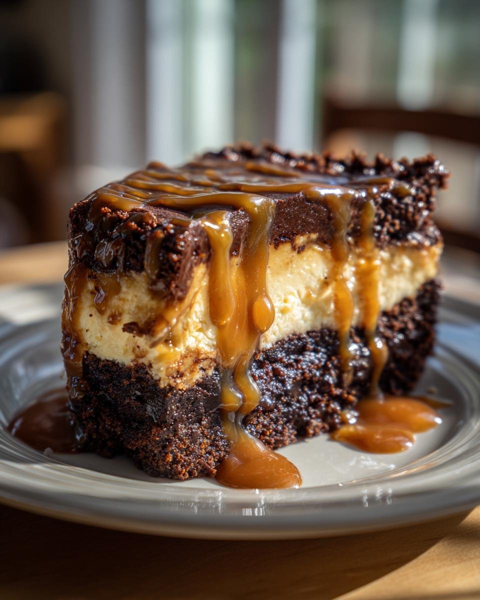 Cheesecake Brownie Caramel: 1 délice irrésistible 1 Gros plan d'une tranche de Cheesecake Brownie au Caramel, avec un coulis généreux.