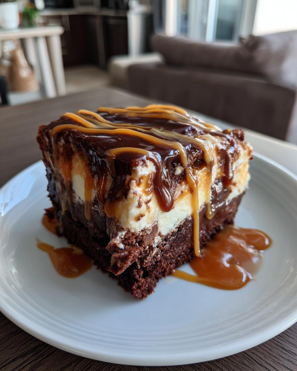 Cheesecake Brownie Caramel: 1 délice irrésistible 2 Gros plan d'une tranche de Cheesecake Brownie au Caramel, avec un glaçage au chocolat et une coulée de caramel.
