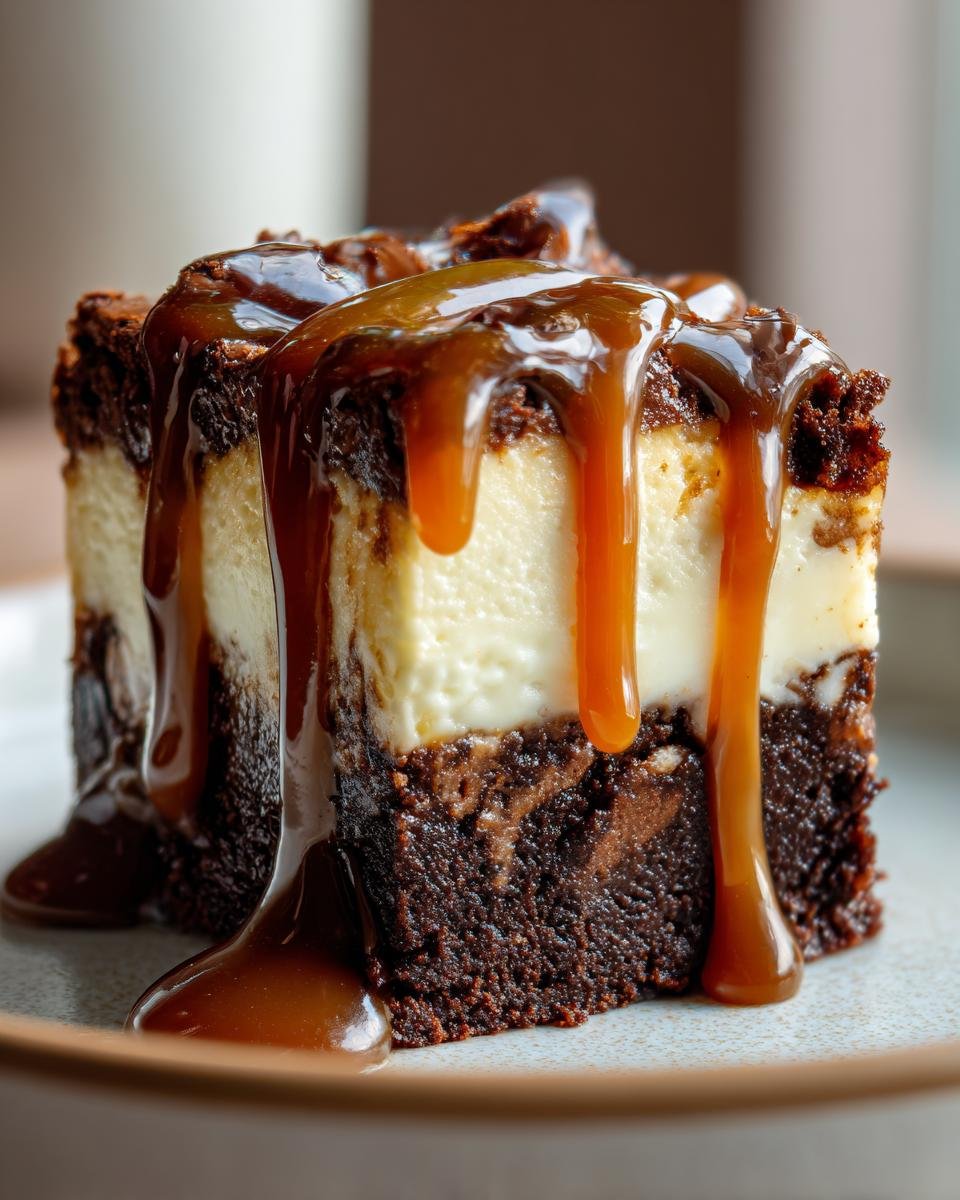 Cheesecake Brownie Caramel: 1 délice irrésistible 3 Gros plan d'une tranche de cheesecake brownie au caramel dégoulinant, sur une assiette.