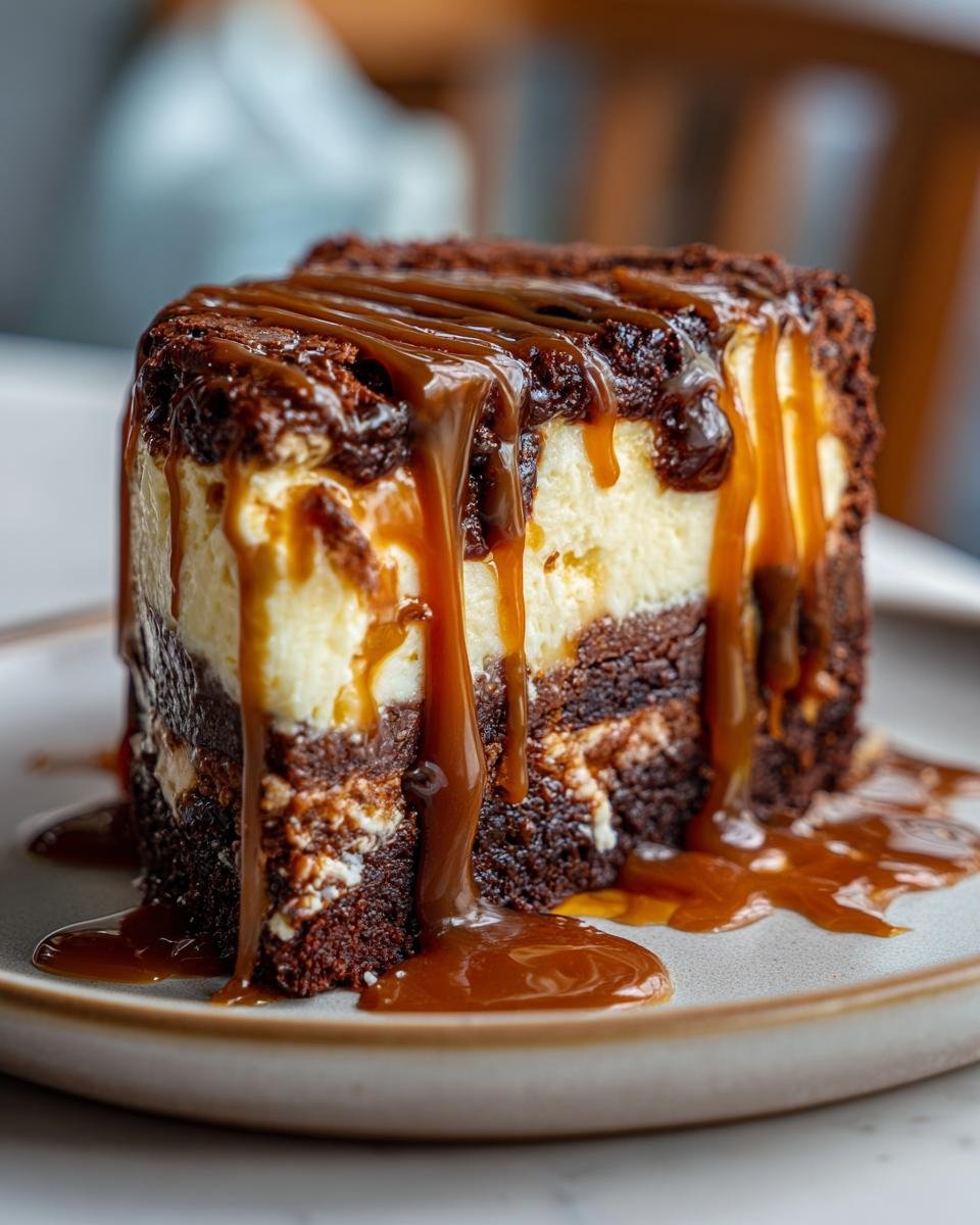 Cheesecake Brownie Caramel: 1 délice irrésistible 4 Gros plan d'une tranche de Cheesecake Brownie au Caramel, avec du coulis de caramel dégoulinant.