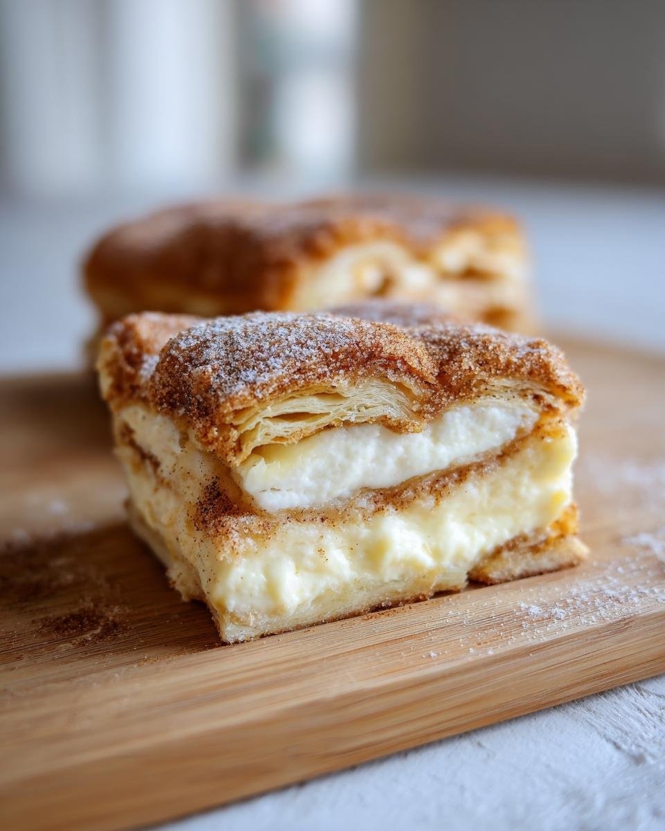 Gros plan sur une tranche de cheesecake churro crémeux, saupoudré de sucre et de cannelle.