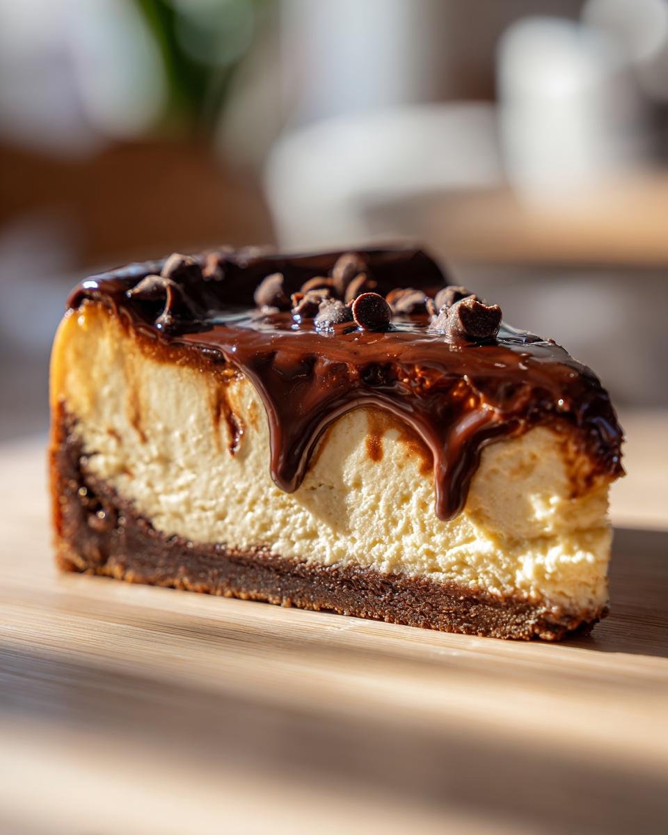 Gros plan d'une tranche de cheesecake à l'espresso, garnie de glaçage au chocolat et de pépites de chocolat.