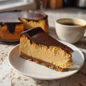 Gros plan d'une part de cheesecake à l'espresso avec un glaçage au chocolat et une tasse de café.