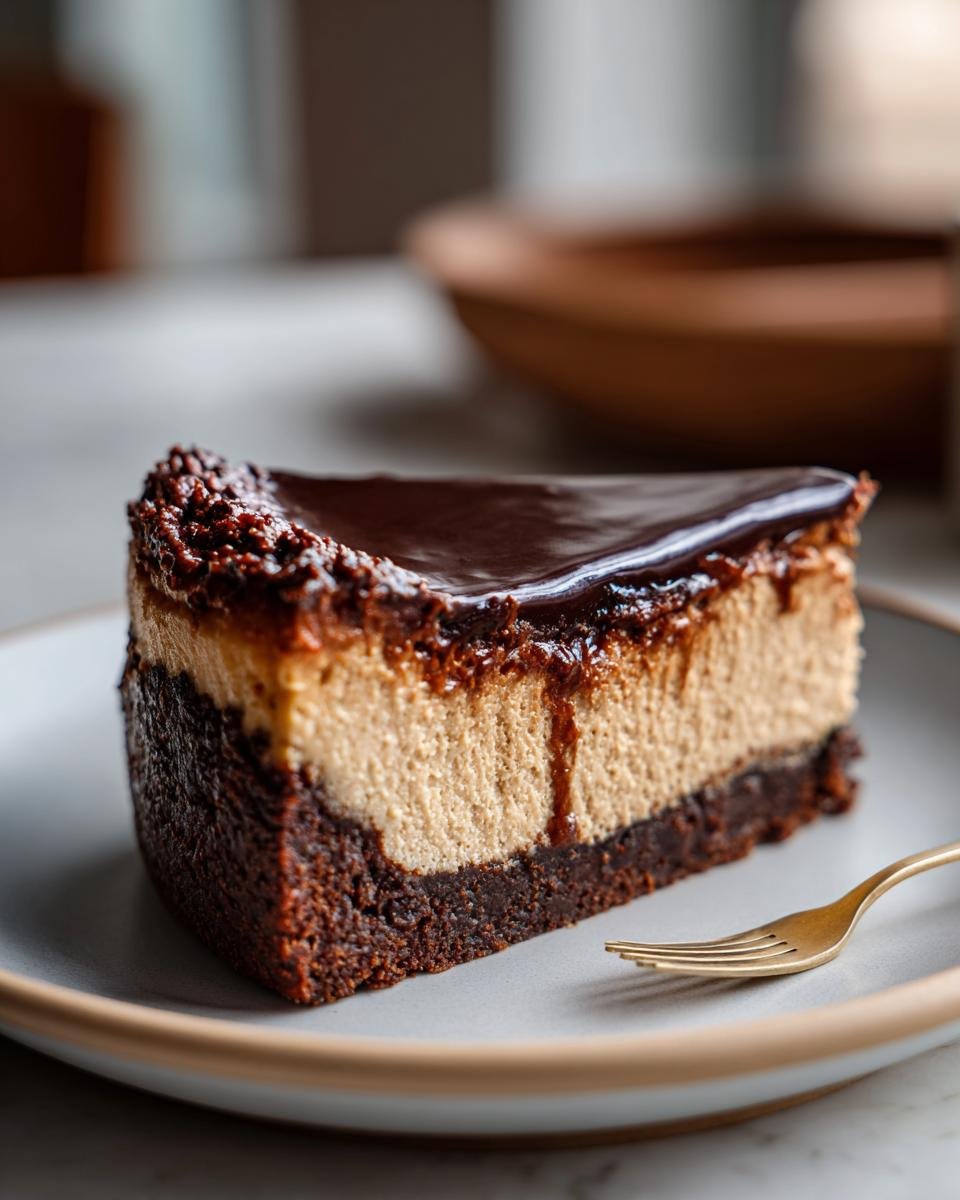 Gros plan d'une part de cheesecake à l'espresso avec glaçage au chocolat et croûte de brownie.